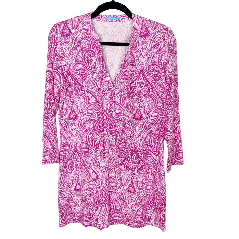 J McLaughlin S Pink White Paisley Printed Tunic Top Catalina Cloth Split V Neck